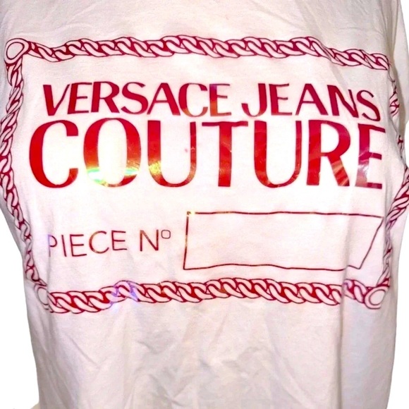 Authentic Versace Jeans Couture iridescent logo Off-Shoulder White Crop Tee L - Picture 8 of 8